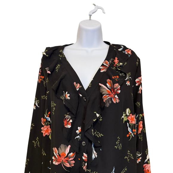 Premise 1X Floral Ruffle Blouse Sheer Black Romantic Boho Office Cottagecore Top - Picture 2 of 6